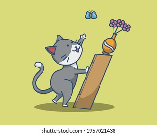 Cute Cartoon Cat Breaking Vase. Animal Cartoon Flat Style Icon  Premium Vector