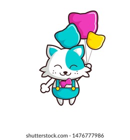 cute cartoon cat bring ballons to fly