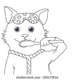 Cute cartoon cat brushing teeth