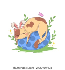 Cute cartoon cat with bunny ears sleeping on a huge Easter egg isolated on a white background in doodle style.