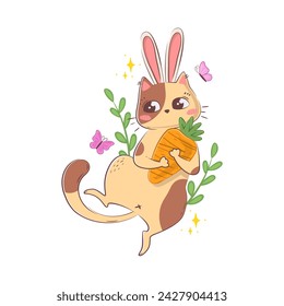 Cute cartoon cat with bunny ears lying on his back and holding a carrot isolated on a white background in doodle style