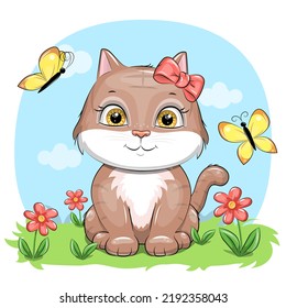 Cute cartoon cat with butterflies and flowers. Vector illustration of an animal in nature.