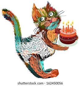 Cute cartoon cat with cake. Vector illustration on a white background.