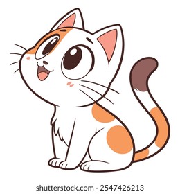 Gato lindo de la historieta, coloración del calico, diseño estilizado simple, parches blancos y anaranjados, acentos marrones, ojos expresivos grandes, cara sonriente, pose sentada.