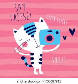 cute cartoon cat with a camera vector illustration
