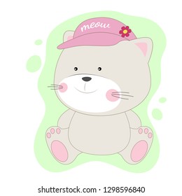 Cute cartoon cat in cap. Sweet kids graphics for t-shirts. Greeting card.