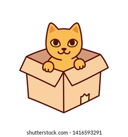 Cute cartoon cat in cardboard box. Funny kitty sitting in box, isolated vector clip art illustration.