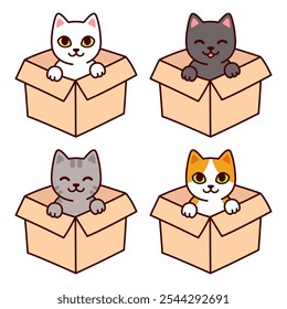 Gato de desenho animado bonito na caixa de papelão, conjunto de cores diferentes. Gatinho engraçado sentado em uma caixa, isolado vetor clip arte ilustração. Adoção de animais de estimação clip art.