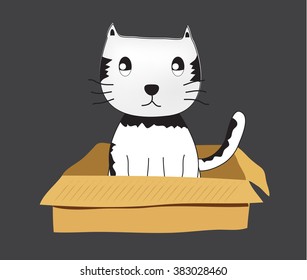Cute cartoon cat in cardboard boxes, Illustration of kitten in box.