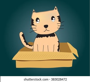 Cute cartoon cat in cardboard boxes, Illustration of kitten in box.