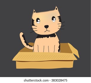 Cute cartoon cat in cardboard boxes, Illustration of kitten in box.