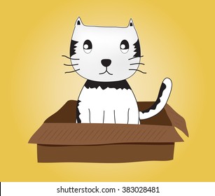 Cute cartoon cat in cardboard boxes, Illustration of kitten in box.