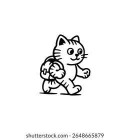 Cute cartoon cat carrying a backpack, walking