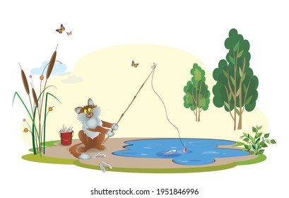 A cute cartoon cat catches fish in a pond against the background of the sky, flying butterflies and trees on the shore. Vector illustration. 