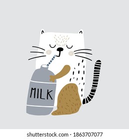 Cute cartoon cat character drinking a milk . Childish print for nursery, kids apparel,poster, postcard. Vector Illustration