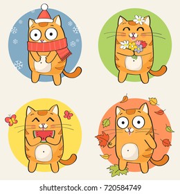Cute cartoon Cat Character and the four seasons: winter, spring, summer and autumn. Vector illustration