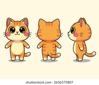 Cute Cartoon Cat Character Front Side Back View - Adorable Kitty Mascot Design Set. Vector illustraton
