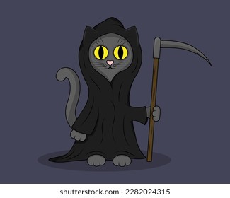 Cute cartoon cat character in grim reaper costume with scythe. Halloween night. Trick or treat fun.