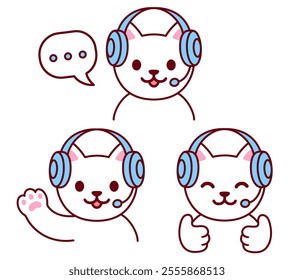 Cute cartoon cat character in headset vector illustration set. Customer support help desk or live stream chat.
