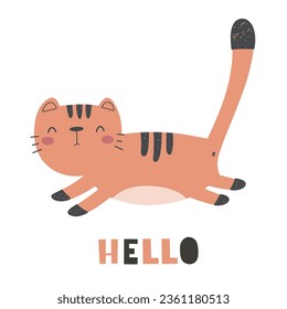 Cute cartoon cat character, pet, born to be cool. Children's print in flat style. Vector.