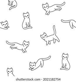 Cute cartoon cat character. Seamless pattern and background. Vector design print.