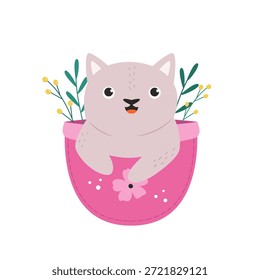 Personaje lindo del gato de la historieta que se sienta en un bolsillo con flores. Adorable Ilustración vectorial de los niños