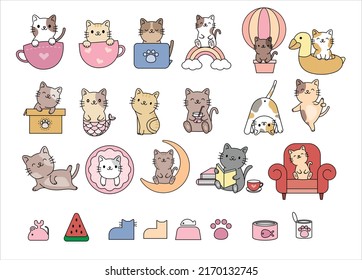 Cute Cartoon cat characters collection. , yoga and emotions Flat color simple style design. vector illustration