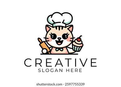 Cute cartoon cat chef baking delicious cupcakes. Perfect for bakery logos and websites. dessert