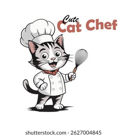 Cute cartoon cat chef smiling while holding cooking utensils, wearing white chef's coat and hat