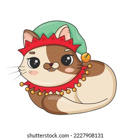 Cute cartoon cat in christmas elf costume lies curled up isolated on white background