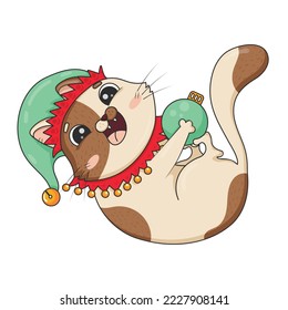 Cute cartoon cat in christmas elf costume playing with christmas toy isolated on white background