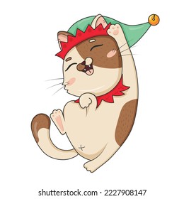 Cute cartoon cat in christmas elf costume pulls up and lies on his back isolated on white background