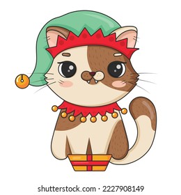 Cute cartoon cat in christmas elf costume sits in gift small box isolated on white background