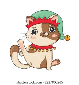 Cute cartoon cat in christmas elf costume with hind paw raised isolated on white background