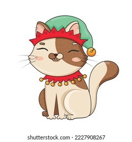 Cute cartoon cat in christmas elf costume sitting isolated on white background
