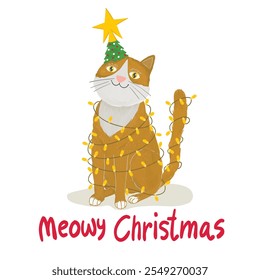 Cute cartoon cat with Christmas garland and xmas tree on the head.