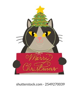 Cute cartoon cat with Christmas garland and xmas tree on the head.