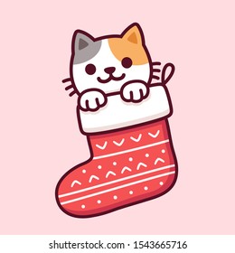 Un lindo gato de caricatura en las existencias de Navidad. Feliz tarjeta de felicitación de Navidad con gatitos kawaii dibujando en un calcetín rojo. Ilustración de la imagen prediseñada del vector.