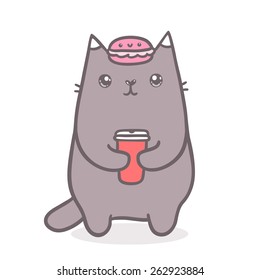 cute cartoon cat with coffee and macaroon