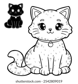 A cute cartoon cat with a collar sits on the ground. A black cat is sitting next to it