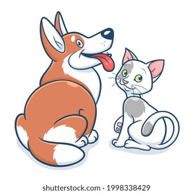 Cute cartoon cat and corgi dog back view. Vector illustration. 