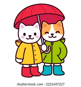 Cute cartoon cat couple drawing and umbrella  Two kawaii cats in raincoats   rain boots  Isolated vector clip art illustration 