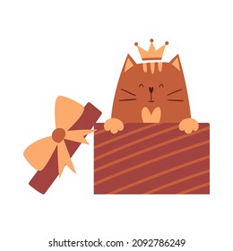 A cute cartoon cat with a crown on his head is sitting in a gift box and smiling. A simple adorable character for Valentine's day greeting cards. Vector childish illustration on a white background