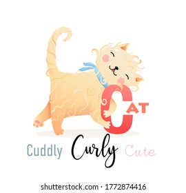 Cute cartoon Cat Cuddly and Curly for letter C. Fun Alphabet for kids education and study. Kindergarten and preschool reading study. Vector illustration in watercolor style.