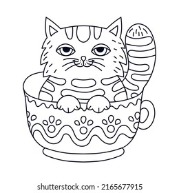 Cute cartoon cat in a cup. Black and white contour drawing. Hand drawn. Doodle style. For coloring books design. prints, posters, postcards, etc. Vector