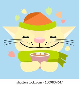 Cute cartoon cat with cup of coffee.