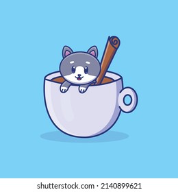Cute cartoon cat in a cup in vector illustration. Isolated animal vector. Flat cartoon style