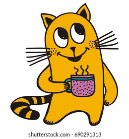Cute cartoon cat with cup. Vector illustration.