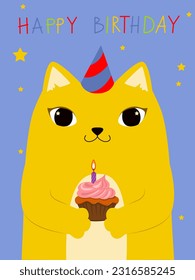 Cute cartoon cat with a cupcake with a candle. Festive kitty in a party hat birthday card template. Vector illustration