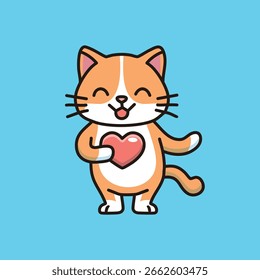 Cute Cartoon Cat Tanzen mit einem Herzen - Vektorgrafik für Kinder und Valentinstag